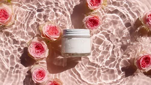 Glass Cosmetic Bottle and Pink Rose Flowers Slow Motion of Waves Water Clear Water with Reflections