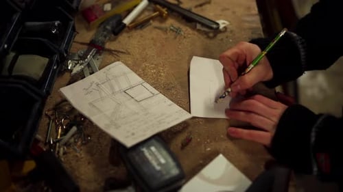 Man Draws On Piece Of Paper In The Wood Workshop Table. - close up shot