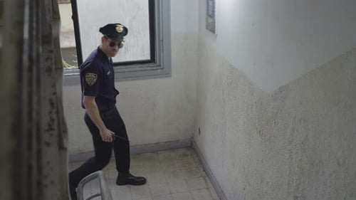 Policeman or uniformed cop walking up building staircase and reporting using hand held radio. Police