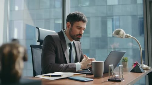 Hr Talking Online Interview Sitting Office Desk Looking Laptop Man Videocalling