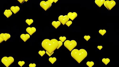 Yellow valentines day hearts fall down on black background 3d render loop. Love concept, romantic