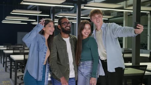 Multi Ethnic Happy Friends Girls Guys Women Men in Office Make Photo on Mobile Phone Together