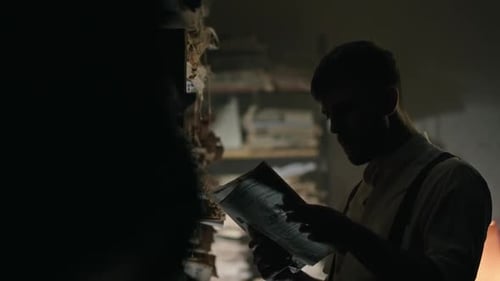 Man Reading Newspaper in Dark Library