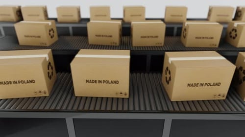 Stream Of Boxes Labeled 'Made In The Poland' Moving On a Conveyor Line