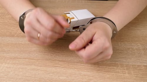 19 cm. Une femme est menottée à un paquet de cigarettes. Concept de dépendance au tabac. C'est dommage de fumer