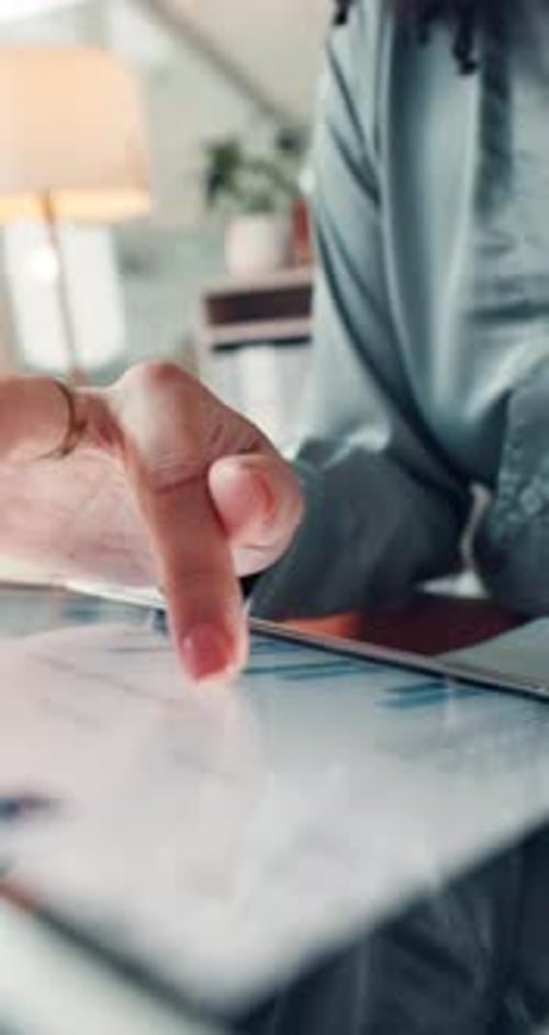 Tablet screen, hands and business women with graphs for research, project and finance agency