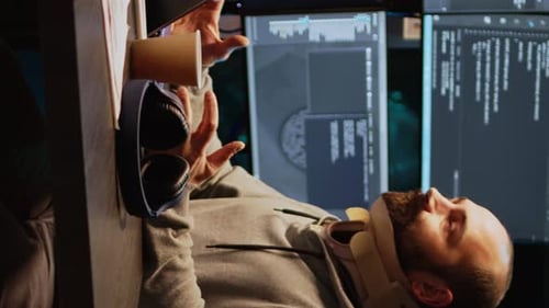 Vertikaler Videodatenbankadministrator mit Neck Collar Foam arbeitet an der Codeentwicklung