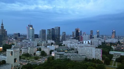 Aerial drone view of Warsaw, Poland on the River Vistula in the evening
