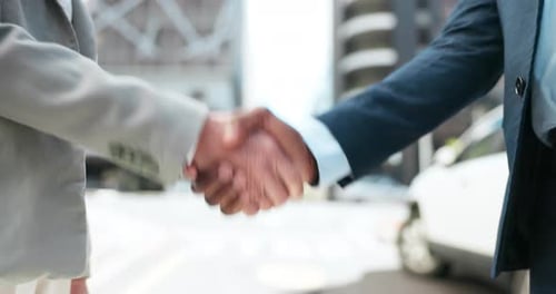 Business people, city and shaking hands for success of deal, b2b partnership