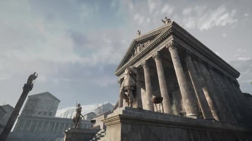 Ancient Temple with Imposing Columns and Statues in a Historical Setting
