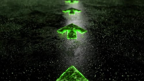 Green glowing arrows leading forward on dark background