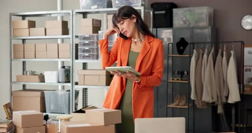 Woman, phone call and tablet at warehouse with dropshipping, order and happy for deal at company