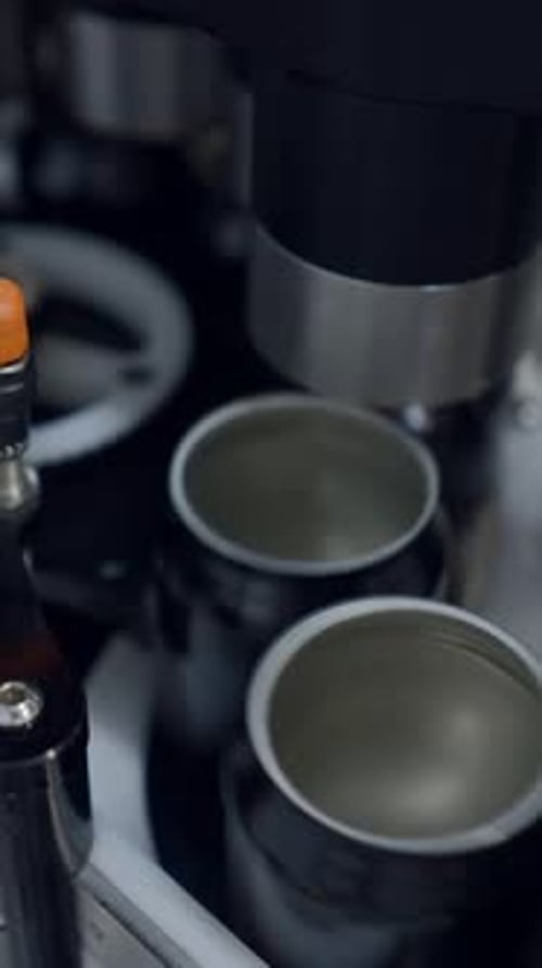 Conveyor Belt With Beer Cans In A Beer Factory Close Up