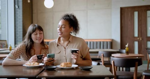 Female Friends in Cafe Restaurant Looking at Social Media on Smart Phone