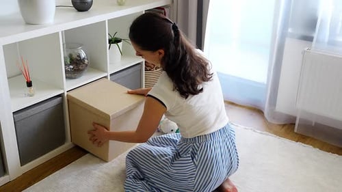 Young Woman Using Storage Box From Shelving System in Home Interior Home Organization and