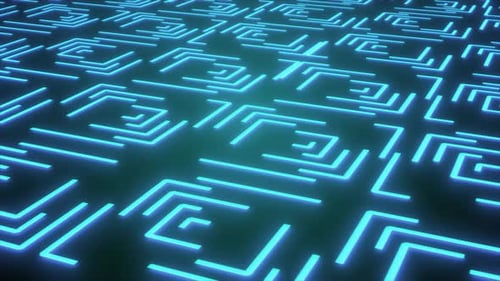 Blaue futuristische Computer-Big-Data-Animation auf blauem Hintergrund mit Farbverlauf, digitaler Computerdatenfluss