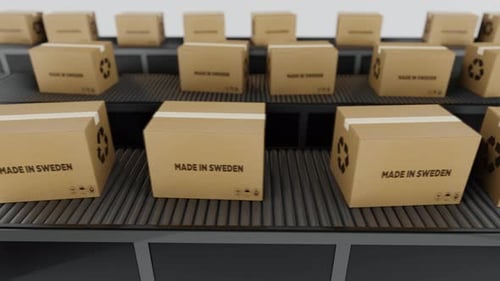 Stream Of Boxes Labeled 'Made In The Sweden' Moving On a Conveyor Line