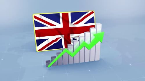 United Kingdom Flag with Graph and Green Arrow Increasing Values