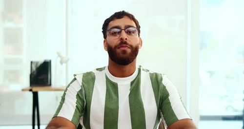 Man, face and video call in office for contact, consulting and virtual advice in POV