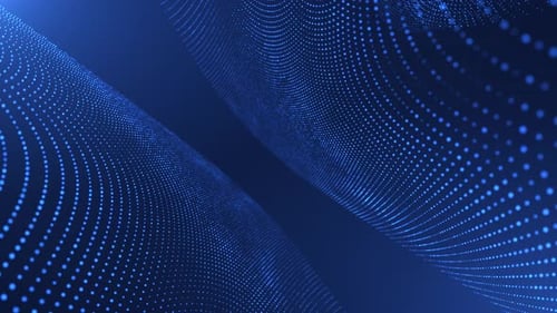 Abstract glowing wave of particles and dots moves on a blue background, The surface of the particle