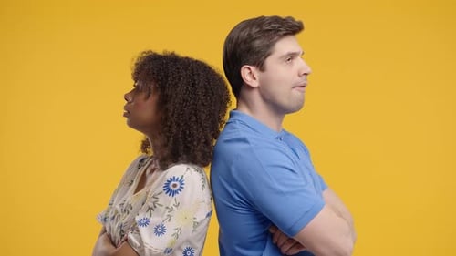 Interracial Offended Couple Quarreling Standing Back Selfishness Resentment