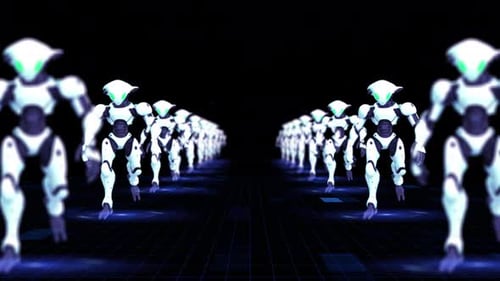 Futuristic Robots Marching on a Blue Digital Grid