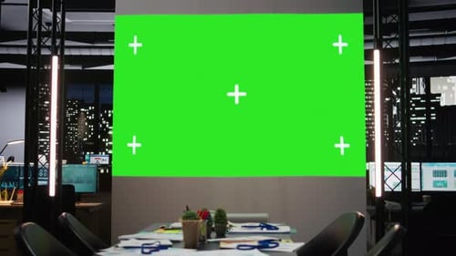Empty Conference Room Shows a Green Screen in Multinational Company Office