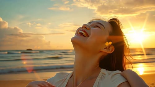 Joyful woman at sunset beach