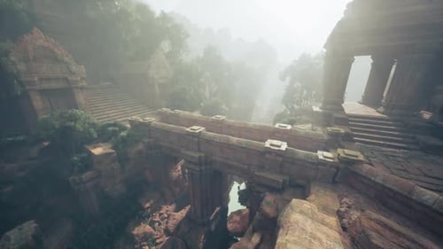 D'anciennes ruines enveloppées de brume révèlent un paysage historique
