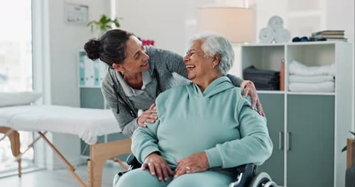 Smiling Woman with Senior Friend in Medical Office