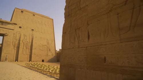 Arriving at the entrance of the Edfu Temple. Egypt. River Nile in the city of Edfu near Aswan, Greco