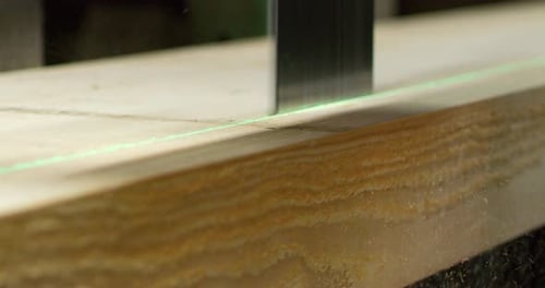 Macro close up of sawing boards from logs with industrial sawmill. Concept: wood industry, timber