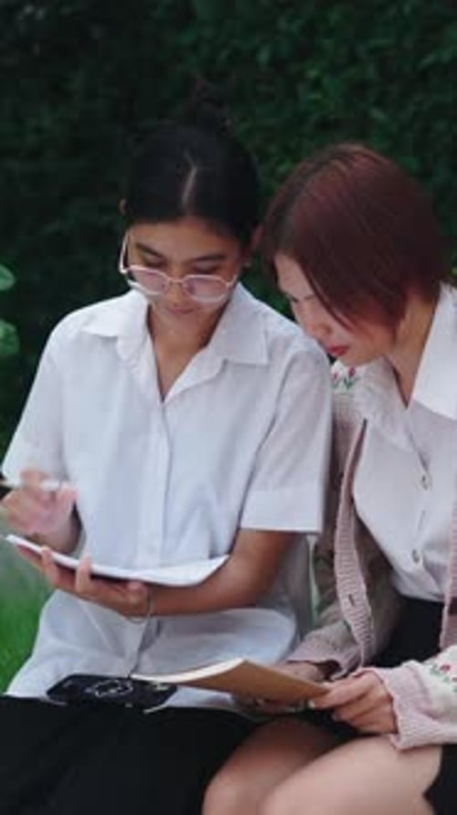 Zwei junge asiatische Frauen studieren mit Notizen in der Hand und sitzen im Gras in einem Park