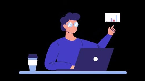 Flat Design Animation of Person Working on Laptop with Data Analysis