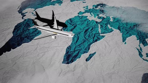 3D Animated Airplane Flying Over Crumpled World Map