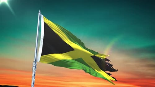 Waving Jamaican Flag Animation Against a Sunset Sky