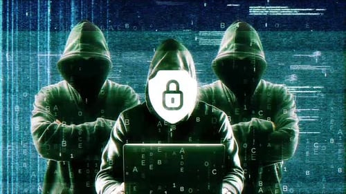 Cybersecurity Hackers with Glitch Effect Lock Icon Reveal