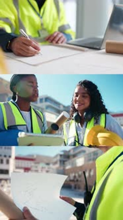 City, architect and women with tablet, teamwork and planning for property development
