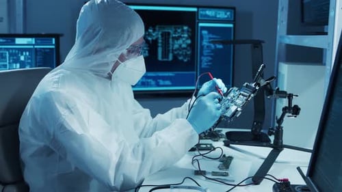 Microelectronics Engineer Works in a Modern Scientific Laboratory on Computing Systems and