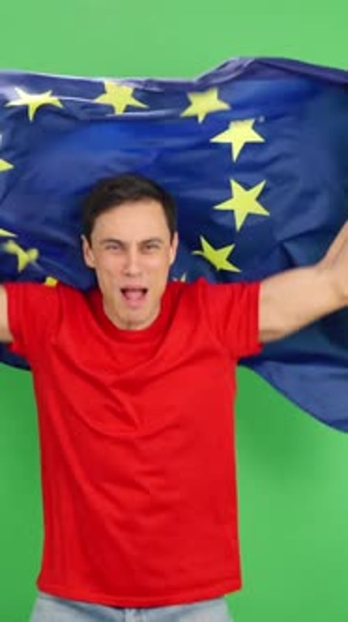 Man Holding EU Flag on Green Screen Portrait