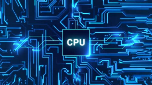 Circuit board with moving electrons and central processing unit CPU. Data flow on a motherboard.