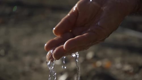 Crystal clear water falling into one hand. Focus on hand. Slow motion.