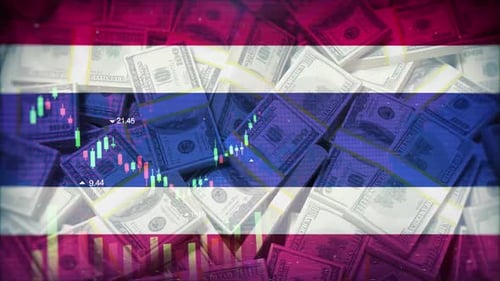 Thai Flag Economy: Glitch Candlestick Chart with Dollar Bills