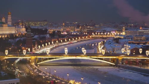 view of the snow-covered center of Moscow and the Kremlin
