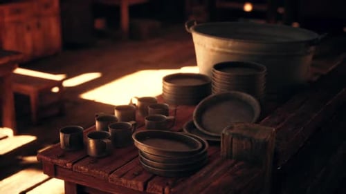 Rustic Cabin Interior with Vintage Metal Kitchenware in Sunlight