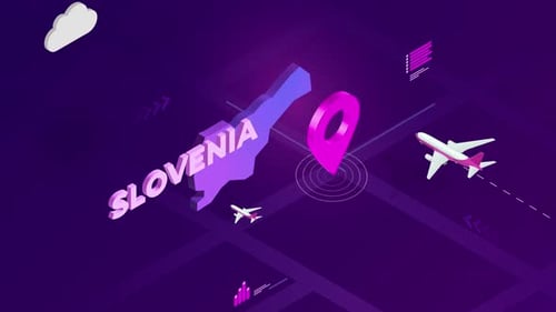 Isometric Map of Slovenia with Travel Pin and Airplanes
