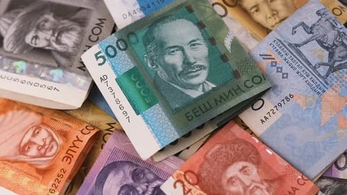 Som Kyrgyz Republic national paper currency abstract spinning background, 1000, 5000 and 200 som