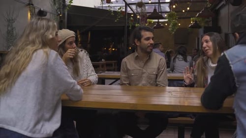 Diverse Group Of Young People Have Fun In Bar, Have Conversation. Company Of Friends Having Fun In T