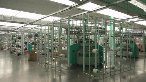 Production Shop with Textile Machines and Spools of Thread Textile Spinning Concept