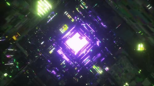 Flight Through the Dark Tunnel Towards the Purple Neon Light